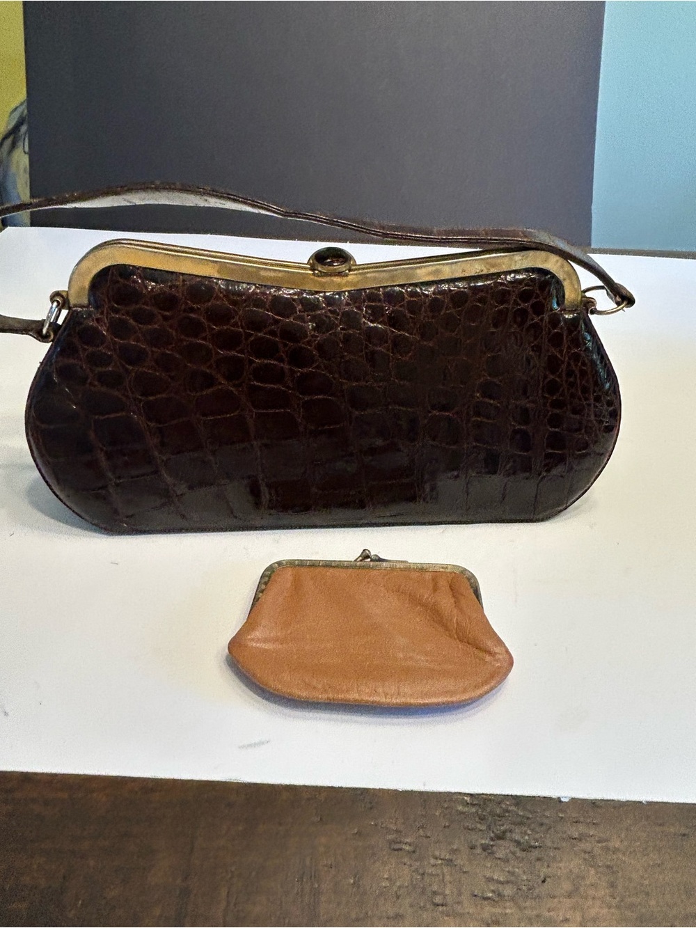 Vintage Crocodile Brown Shoulder Bag with Coin Pouch